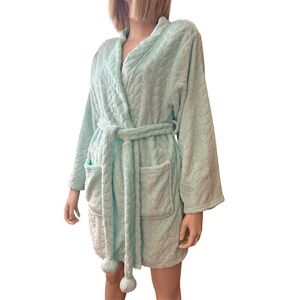 Pj Couture Kitten Soft Luxe robe Belted Aqua Pom Poms Pockets